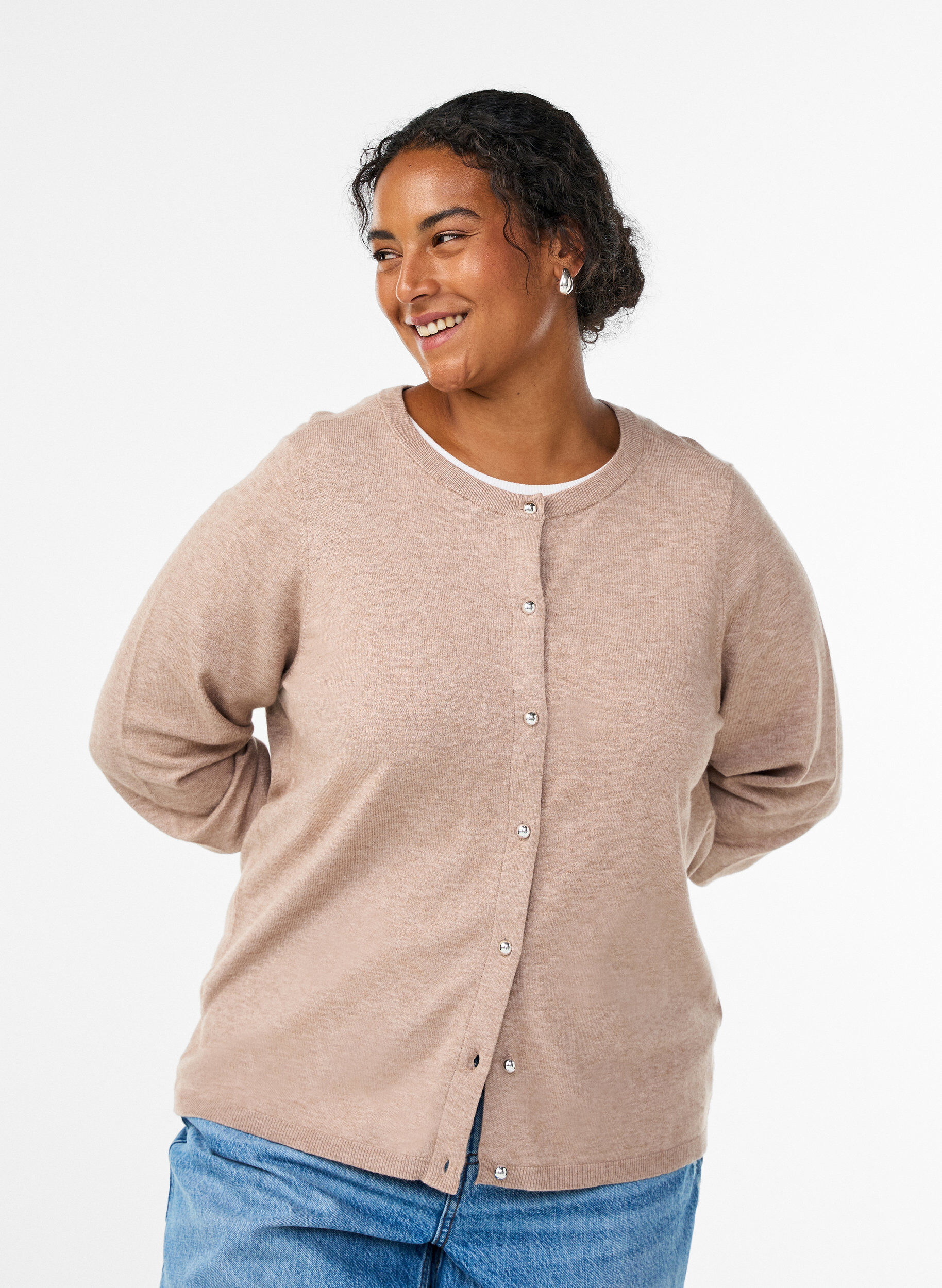 ZizziCardigan met ronde knopen, Beige, Model image number 0
