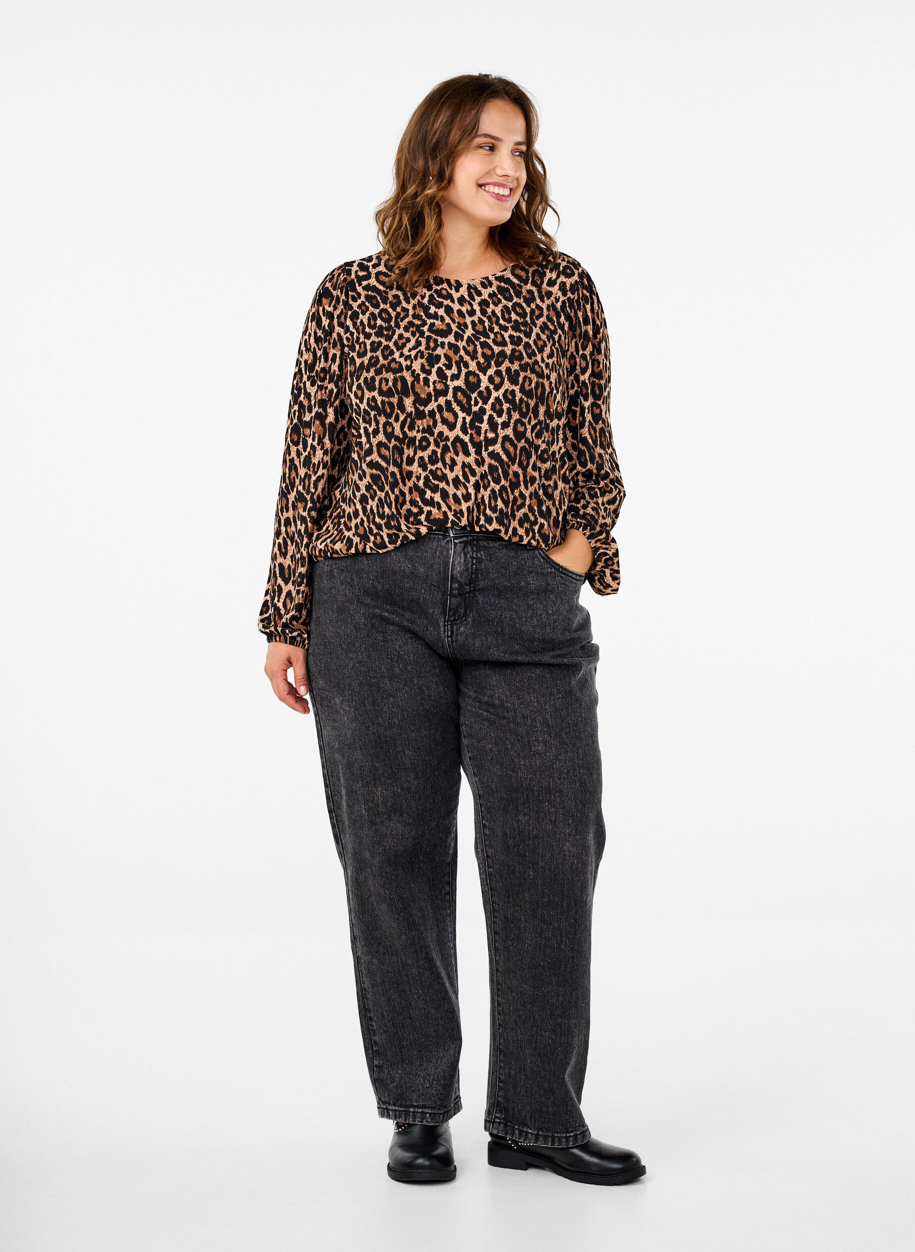 ZizziBlouse met lange mouwen en luipaardprint, Bruin, Model image number 1