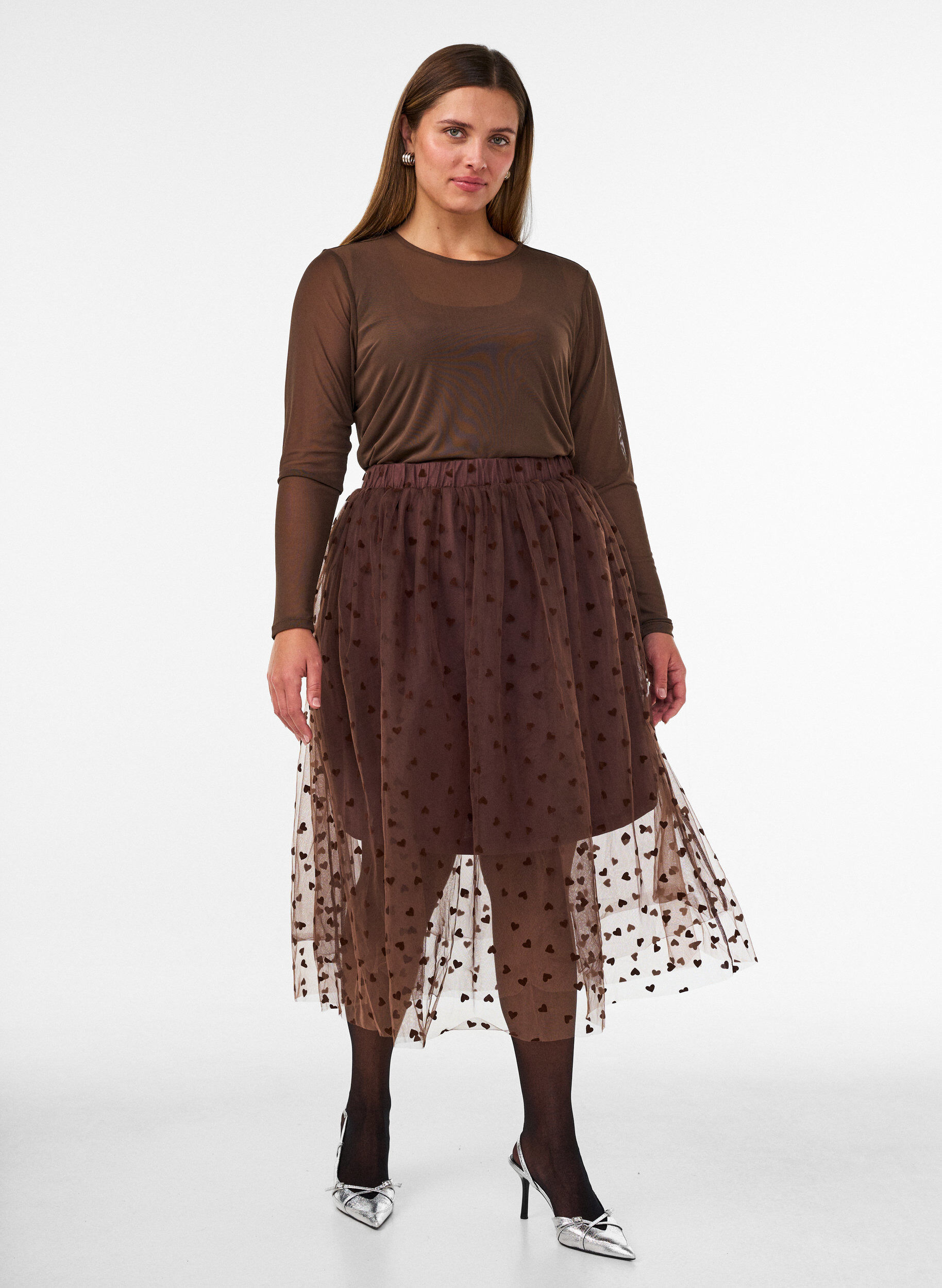 Midi-tule rok met hartjes, Bruin, Model