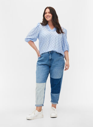 Gestippelde blouse met 3/4 mouwen in viscose, Light Blue Dot, Model image number 2