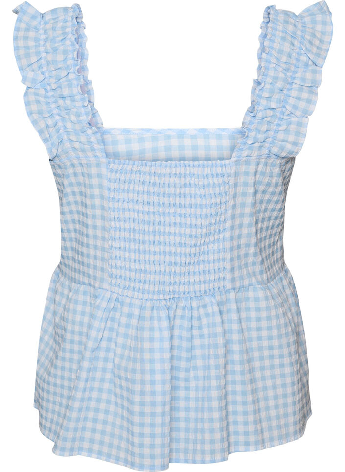 Top met ruitjes en ruchesdetails, Blauw, Packshot