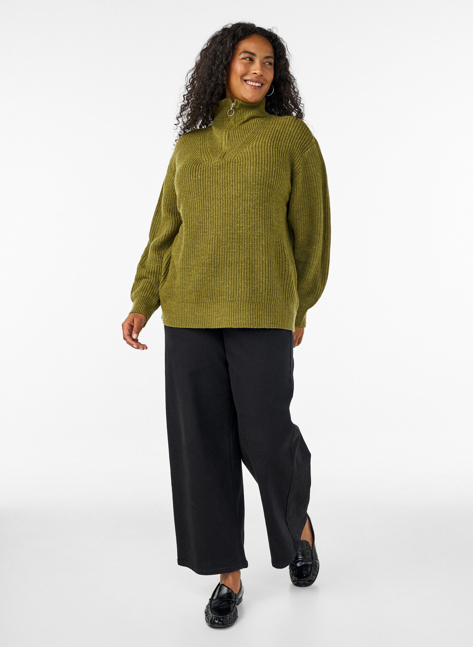 ZizziGebreide trui met hoge hals en rits, Groen, Model image number 1