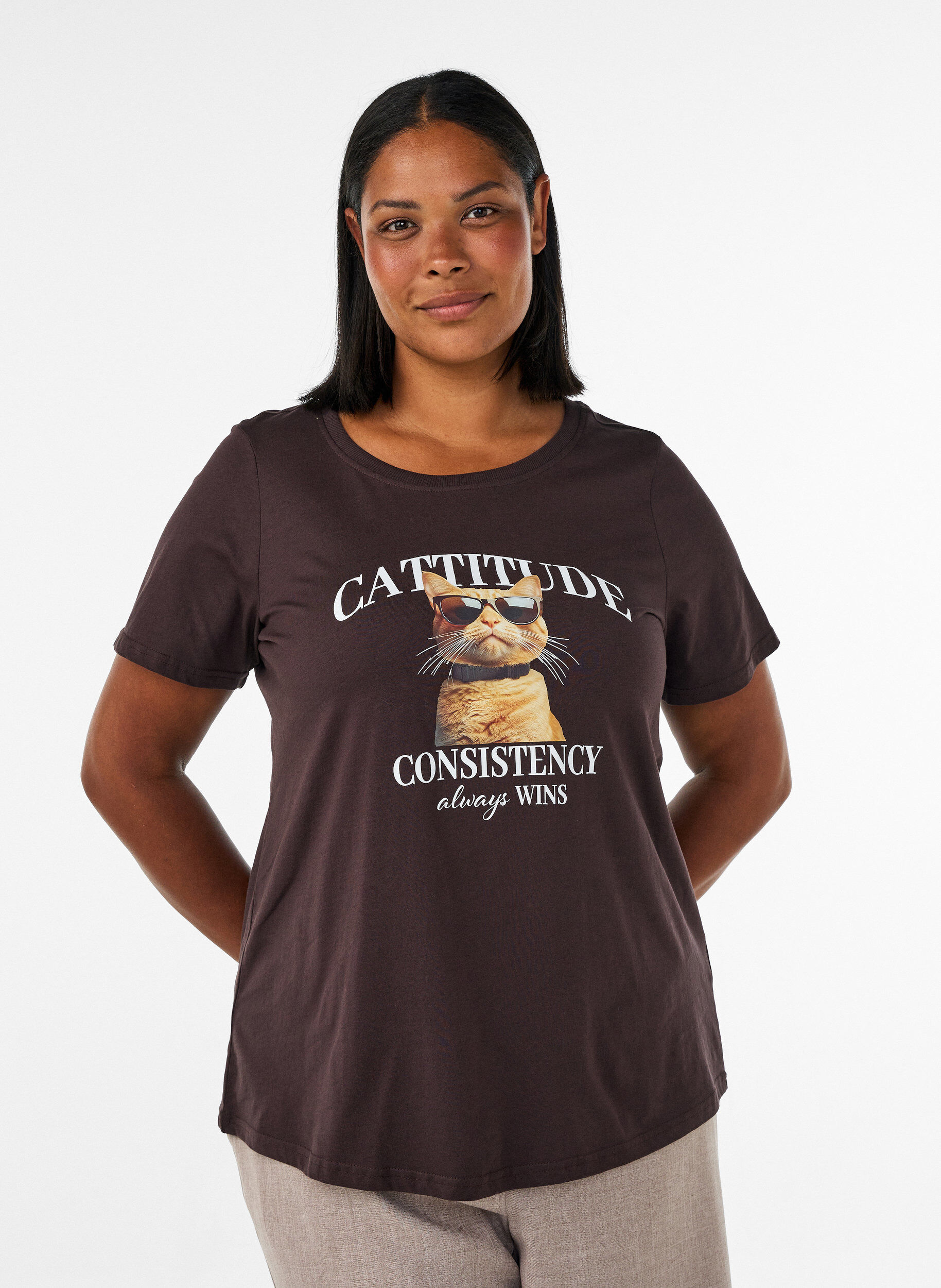 Katoenen T-shirt met print aan de voorkant, Bruin, Model