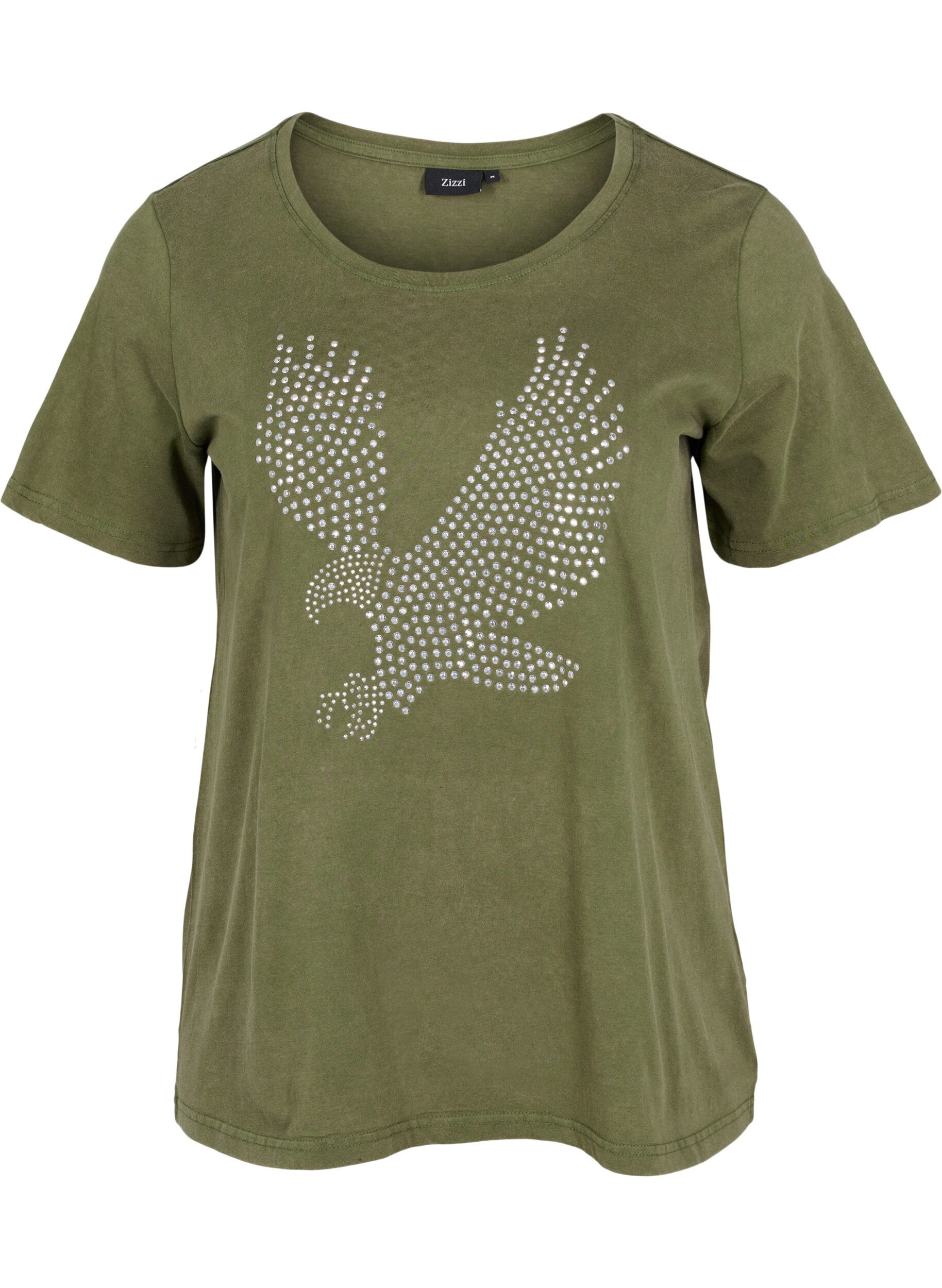 Zizzi Katoenen t-shirt met acid wash en steentjes, Ivy Green Wash, Packshot image number 0
