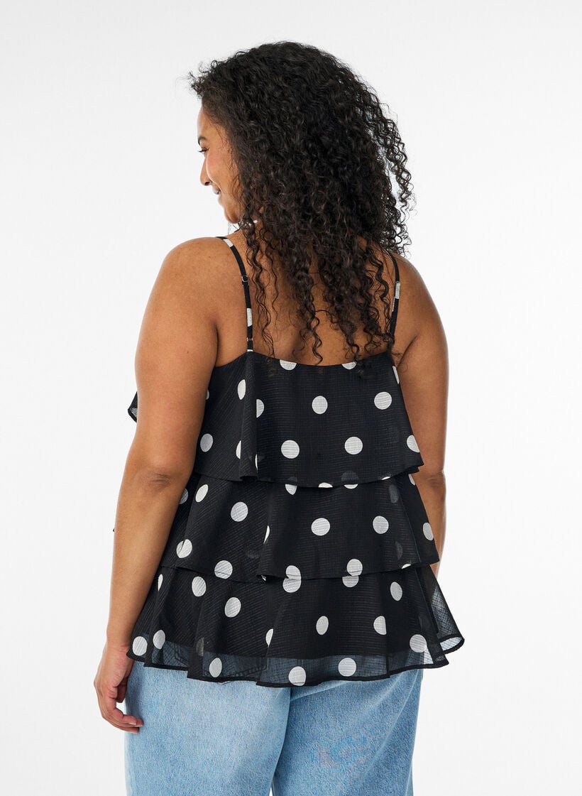 Gelaagde top met ruches en spaghettibandjes, Zwart, Model