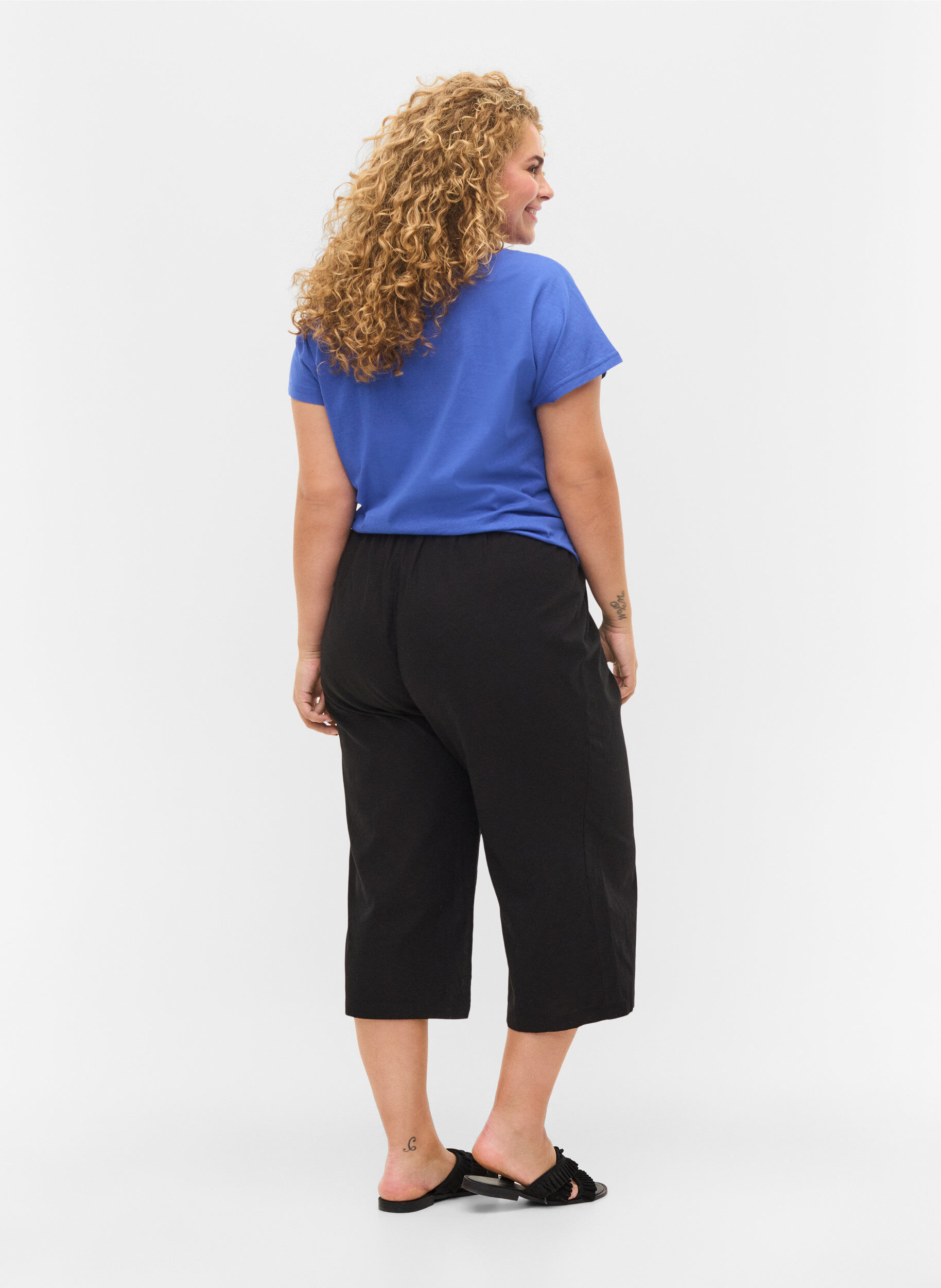 Zizzi 7/8 broek in katoenmix met linnen, Black, Model image number 1