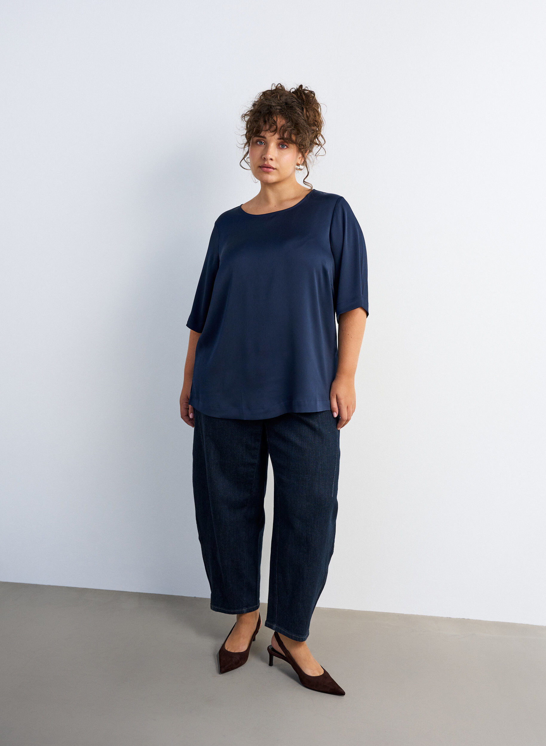 ZizziSatijnen blouse met ellebooglange mouwen, Blauw, Model image number 1