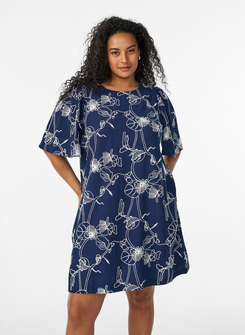 Korte A-lijn jurk met geborduurd patroon, Blauw, Model image number 0