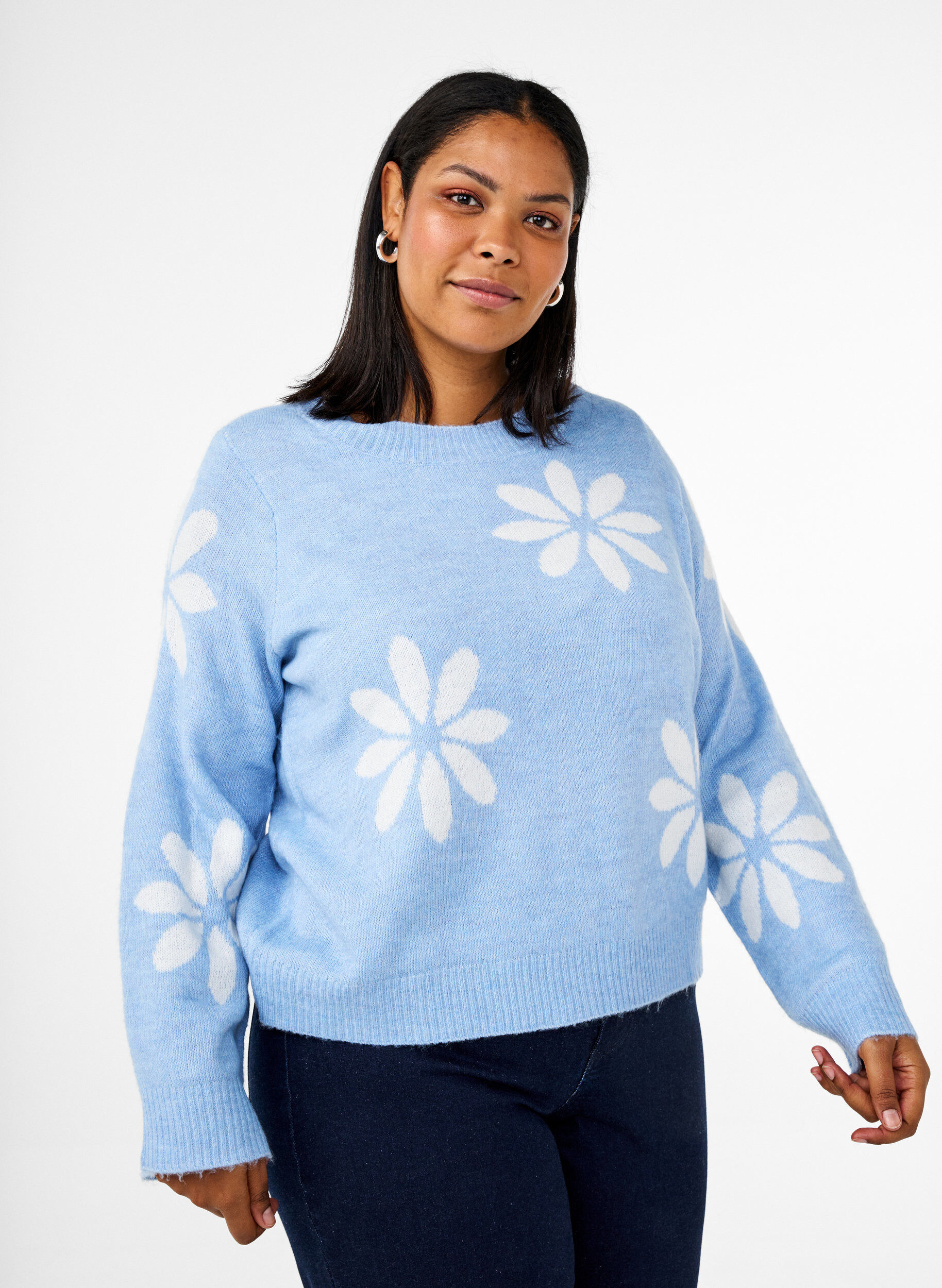 Zizzi Gebreide blouse met bloemen, Della R. Blue Comb, Model image number 0