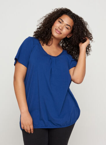 T-shirt met korte mouwen, ronde hals en kanten rand, Twilight Blue, Model image number 0