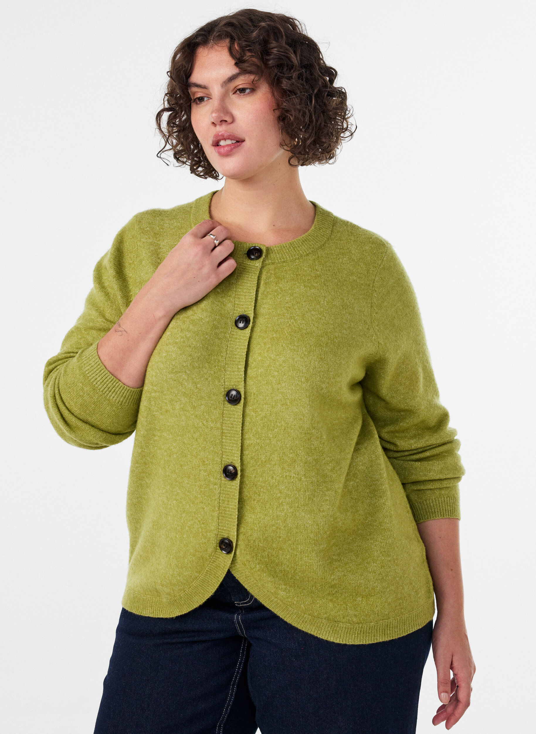 ZizziCardigan met knopen en een ronde voorkant, Groen, Model image number 0