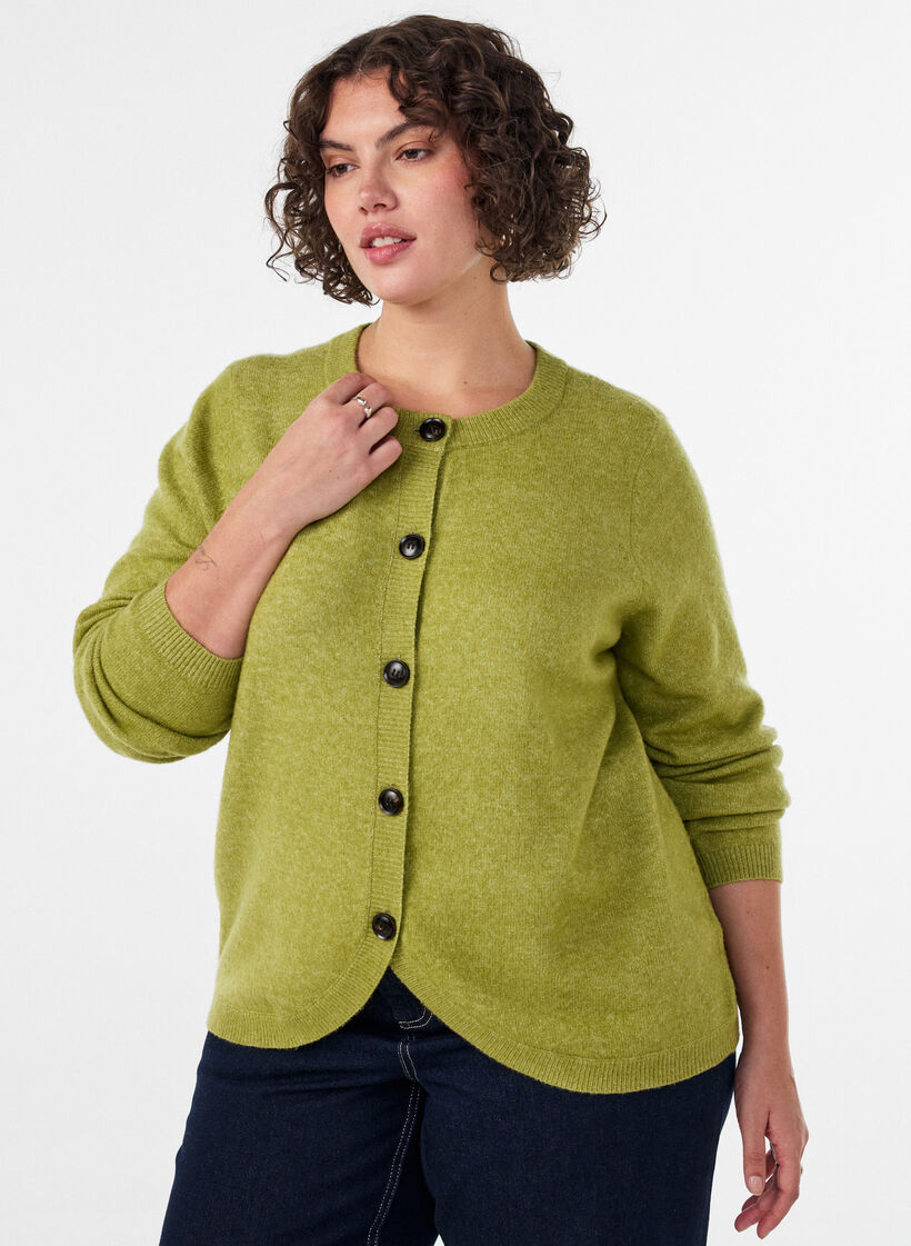 Cardigan met knopen en een ronde voorkant, Groen, Model image number 0