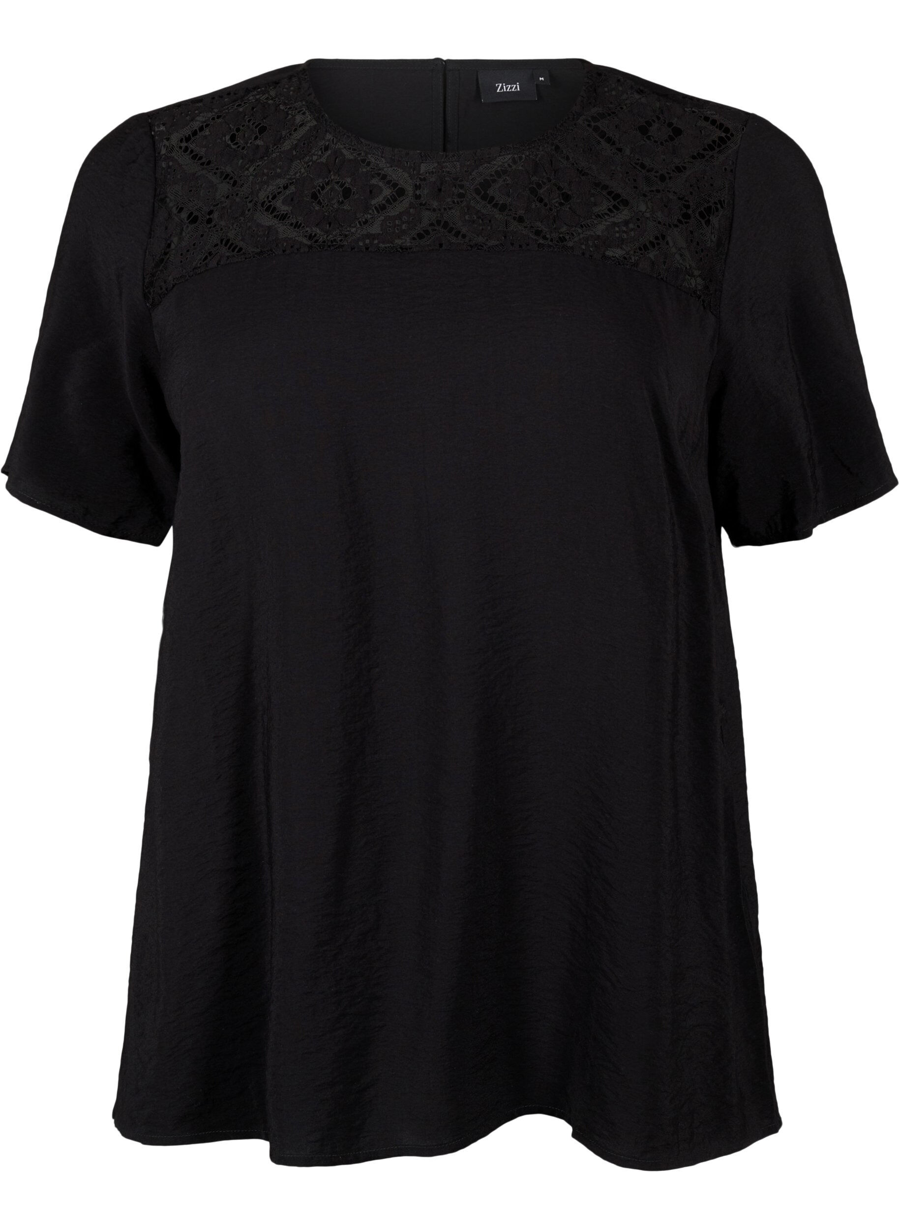 Zizzi Blouse van viscose met korte mouwen en kant detail, Black, Packshot image number 0