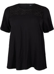 Blouse van viscose met korte mouwen en kant detail, Black