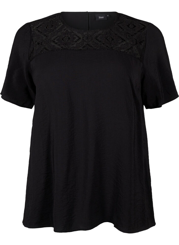 Blouse van viscose met korte mouwen en kant detail, Black, Packshot image number 0
