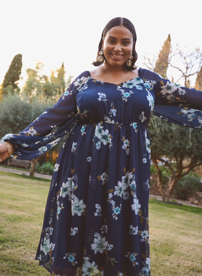 Chiffon feestjurk met lange mouwen, Blauw, Image image number 0