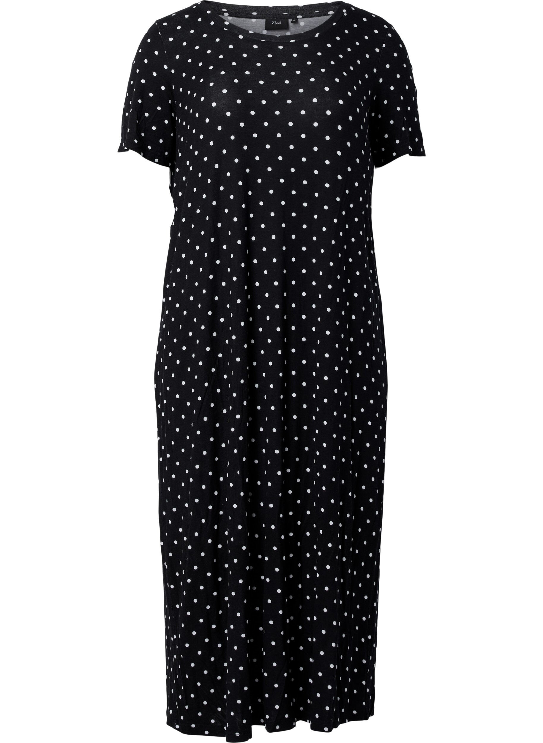 Zizzi Midi-jurk van viscose met korte mouwen, Black Dot, Packshot image number 0