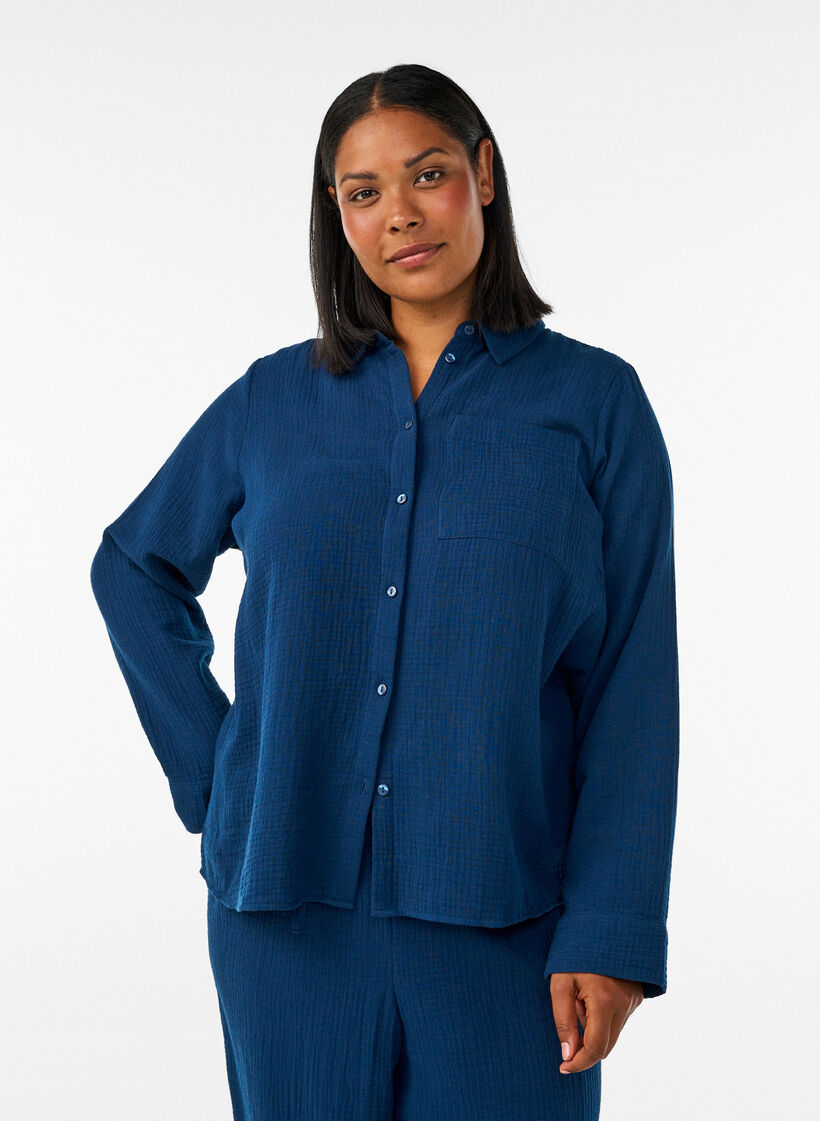 Katoenen mousseline nachthemd met lange mouwen, Blauw, Model image number 0