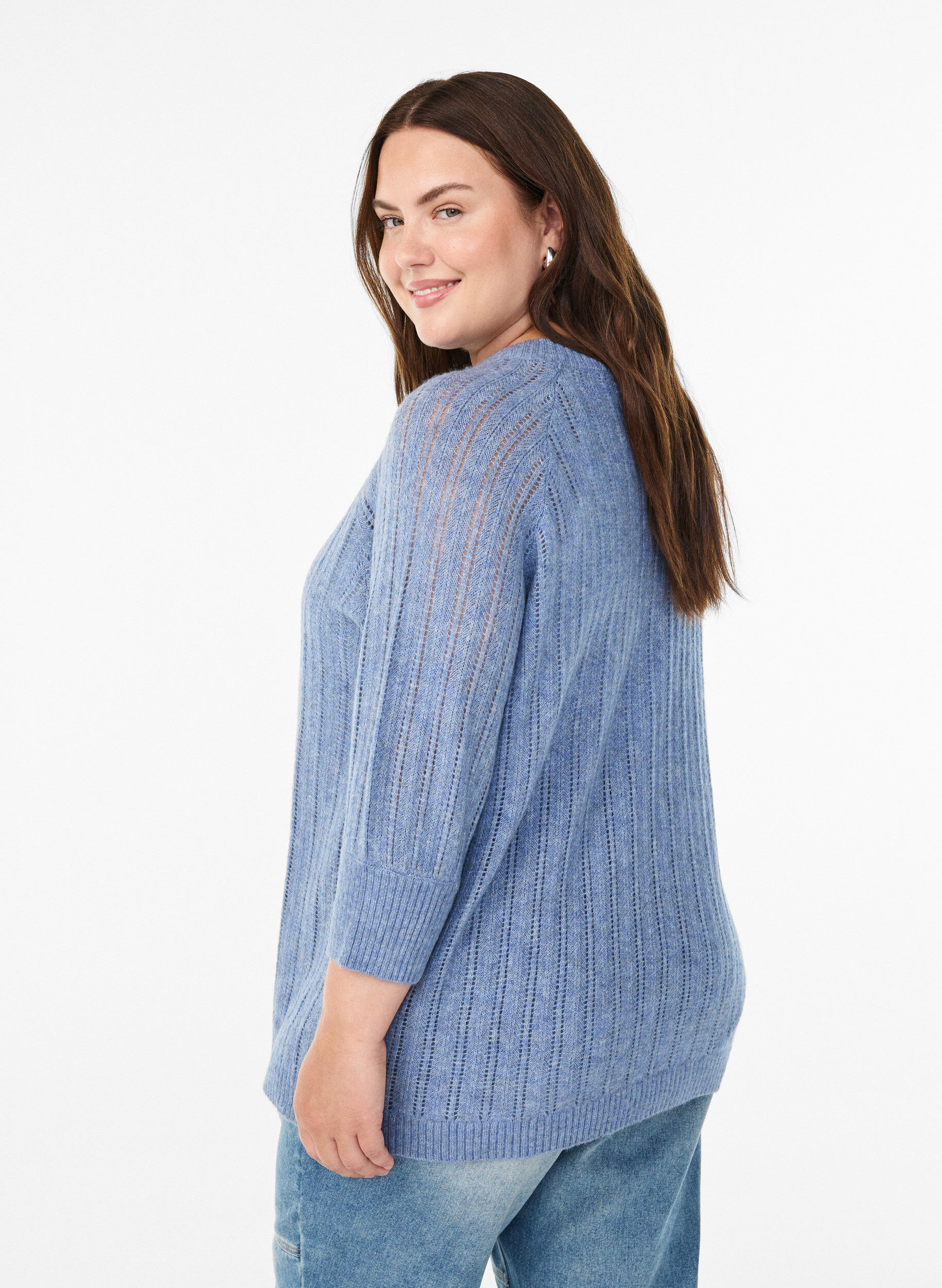 Zizzi Luchtige knit blouse met 3/4 mouwen en opengewerkt patroon, Blauw, Model image number 2