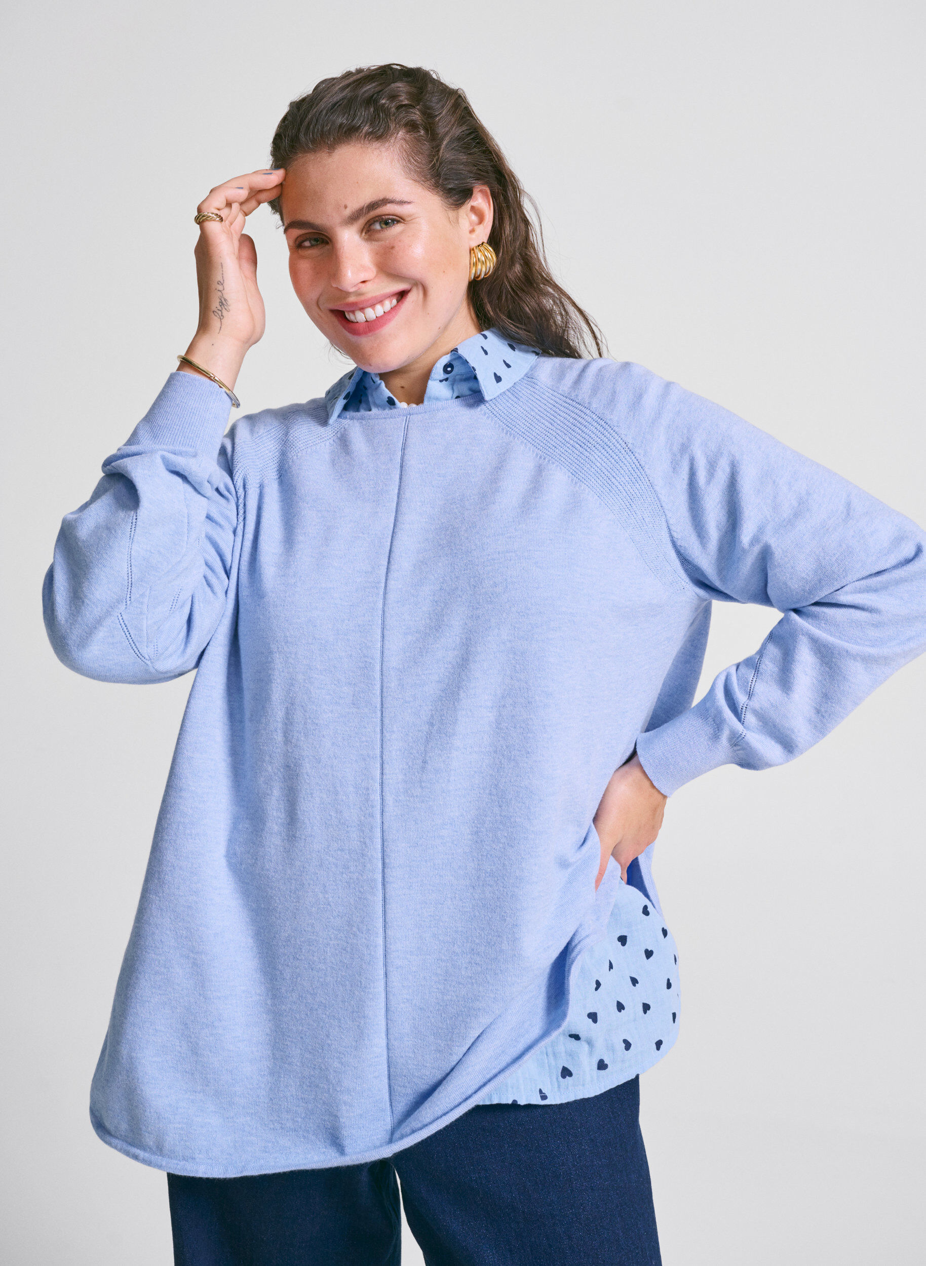 Zizzi Gebreide blouse met ronde hals en gebreid patroon, Blauw, Image image number 0