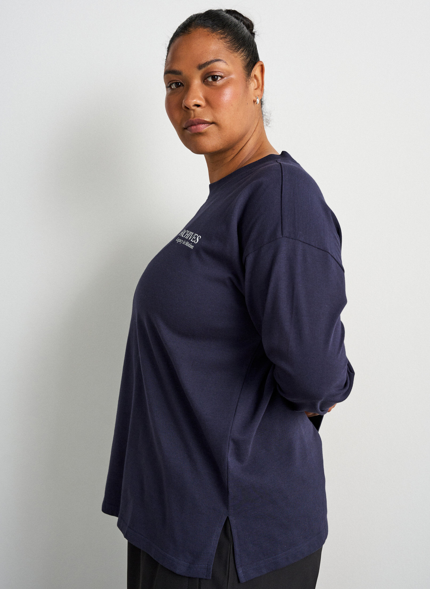 ZizziJerseyblouse met lange mouwen en tekstprint, Blauw, Model image number 3