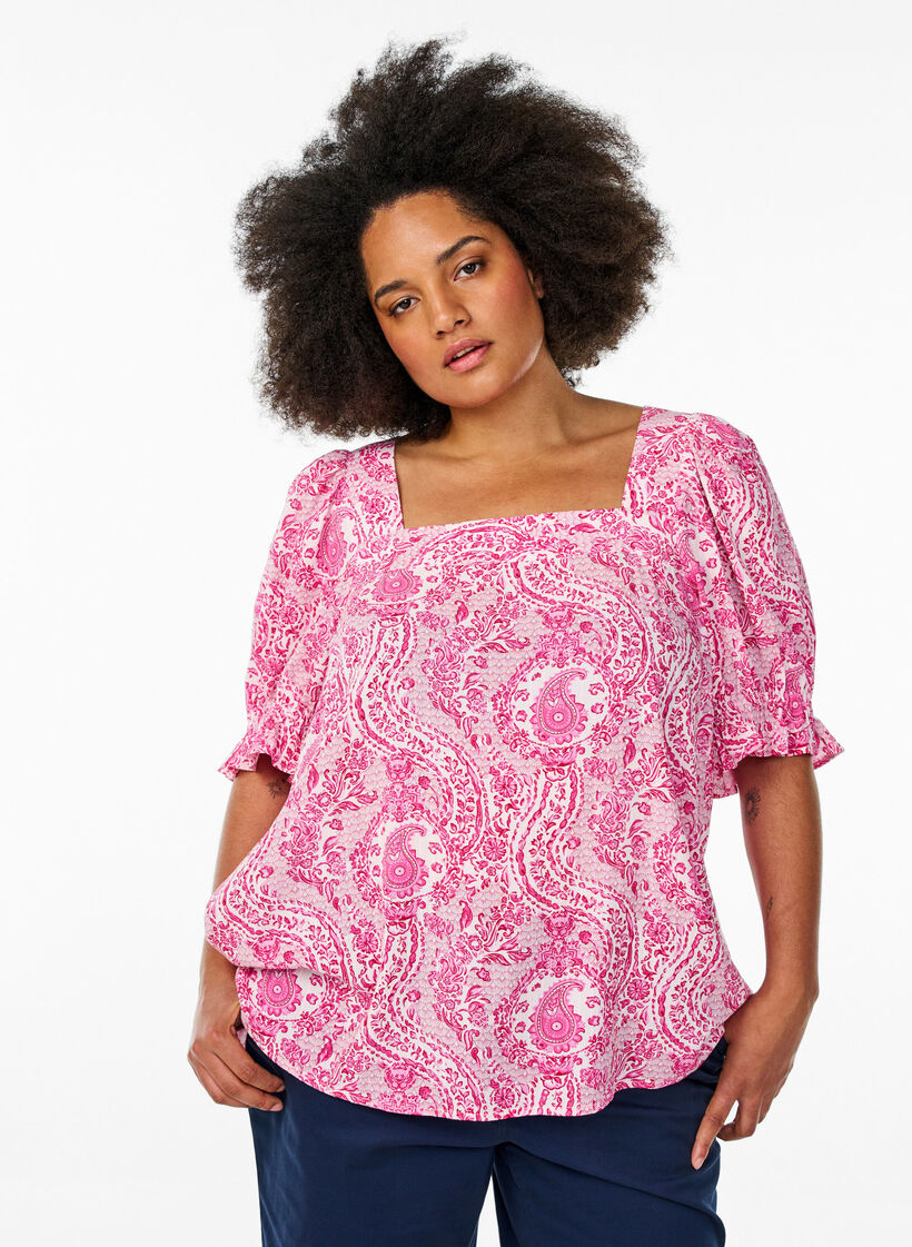 Viscose blouse met paisleymotief en een vierkante halslijn, Roze, Model image number 0