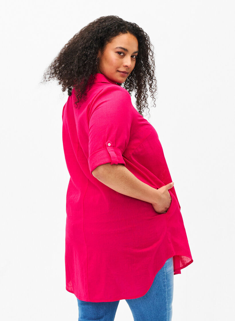 Tuniek van katoenmix met korte mouwen en linnen, Bright Rose, Model image number 1