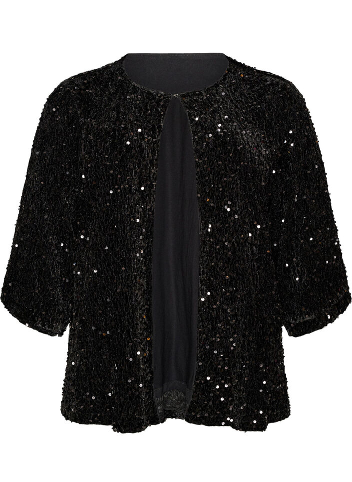 Cardigan met pailletten en 3/4-mouwen, Zwart, Packshot image number 0