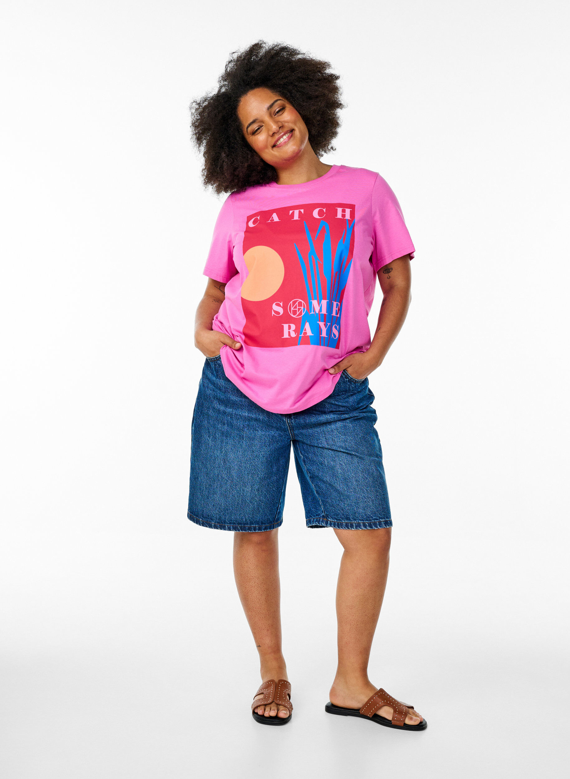 Zizzi T-shirt met een grafisch zomermotief, Roze, Model image number 1