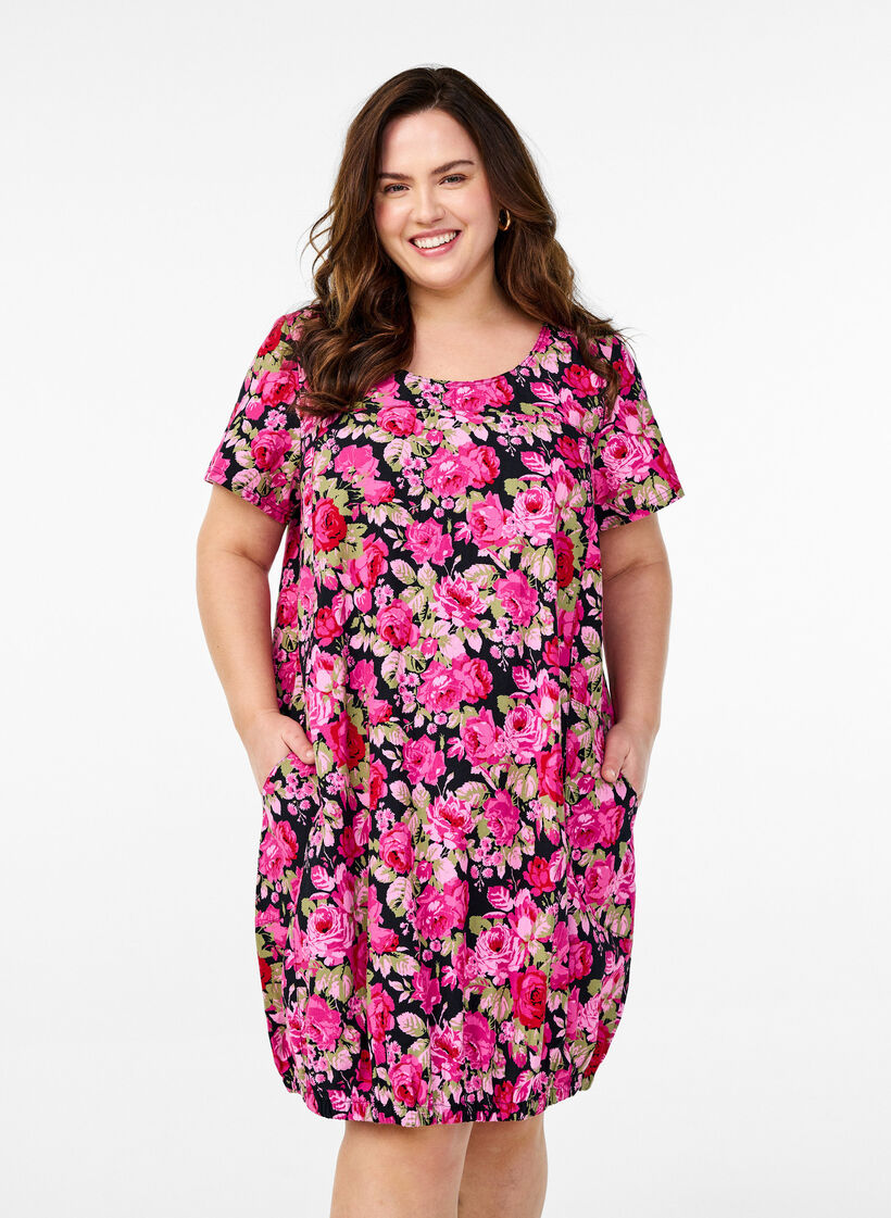 Katoenen jurk met korte mouwen en print, Zwart, Model image number 0
