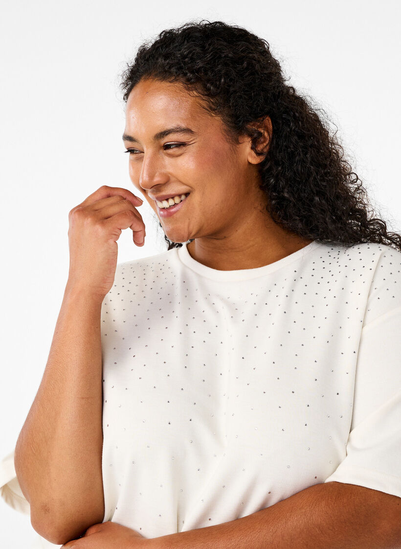 T-shirt met strass-steentjes en ronde hals, Wit, Model image number 3