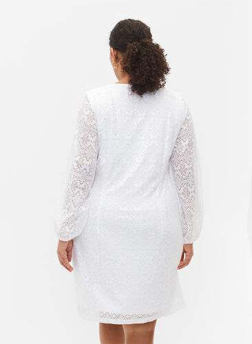 Kanten jurk met v-snit en lange mouwen, Bright White, Model image number 1