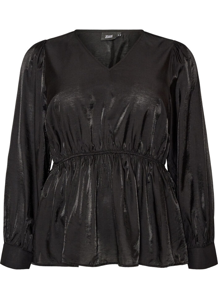Glanzende viscose blouse met peplumeffect, Zwart, Packshot image number 0