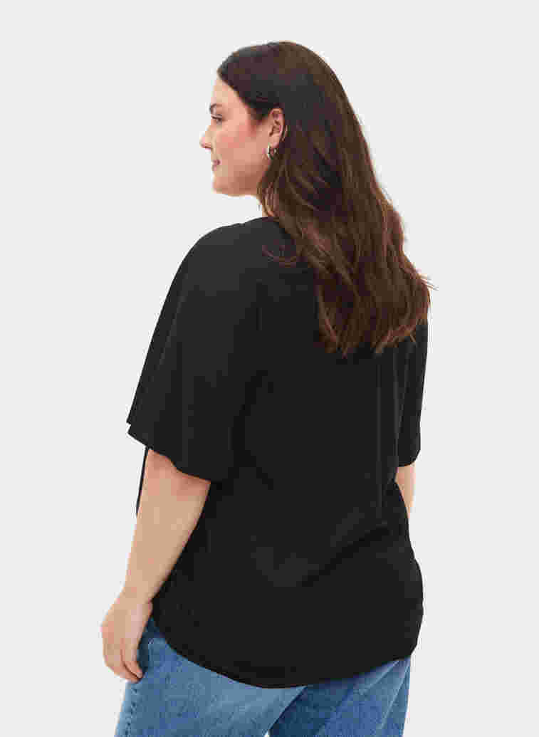 Viscose blouse met korte mouwen en touwtjes detail, Black, Model image number 1