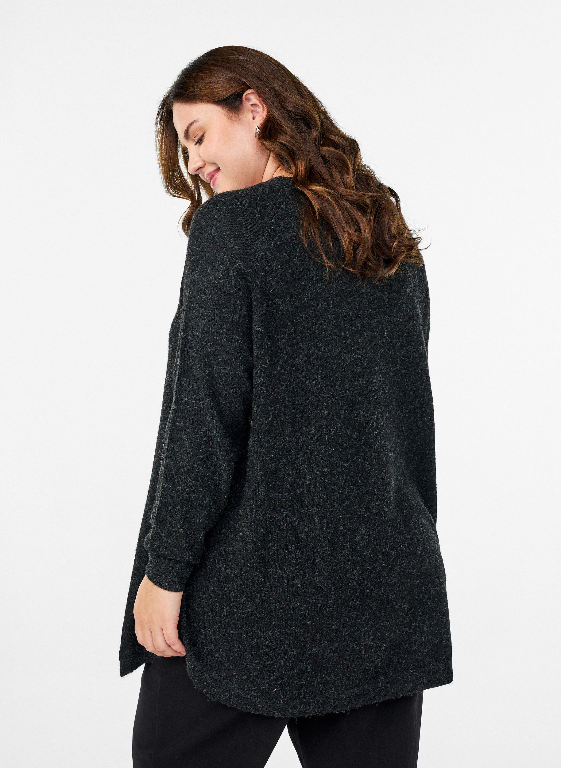 Zizzi Lange gebreide blouse met bolknopen, Grijs, Model image number 2