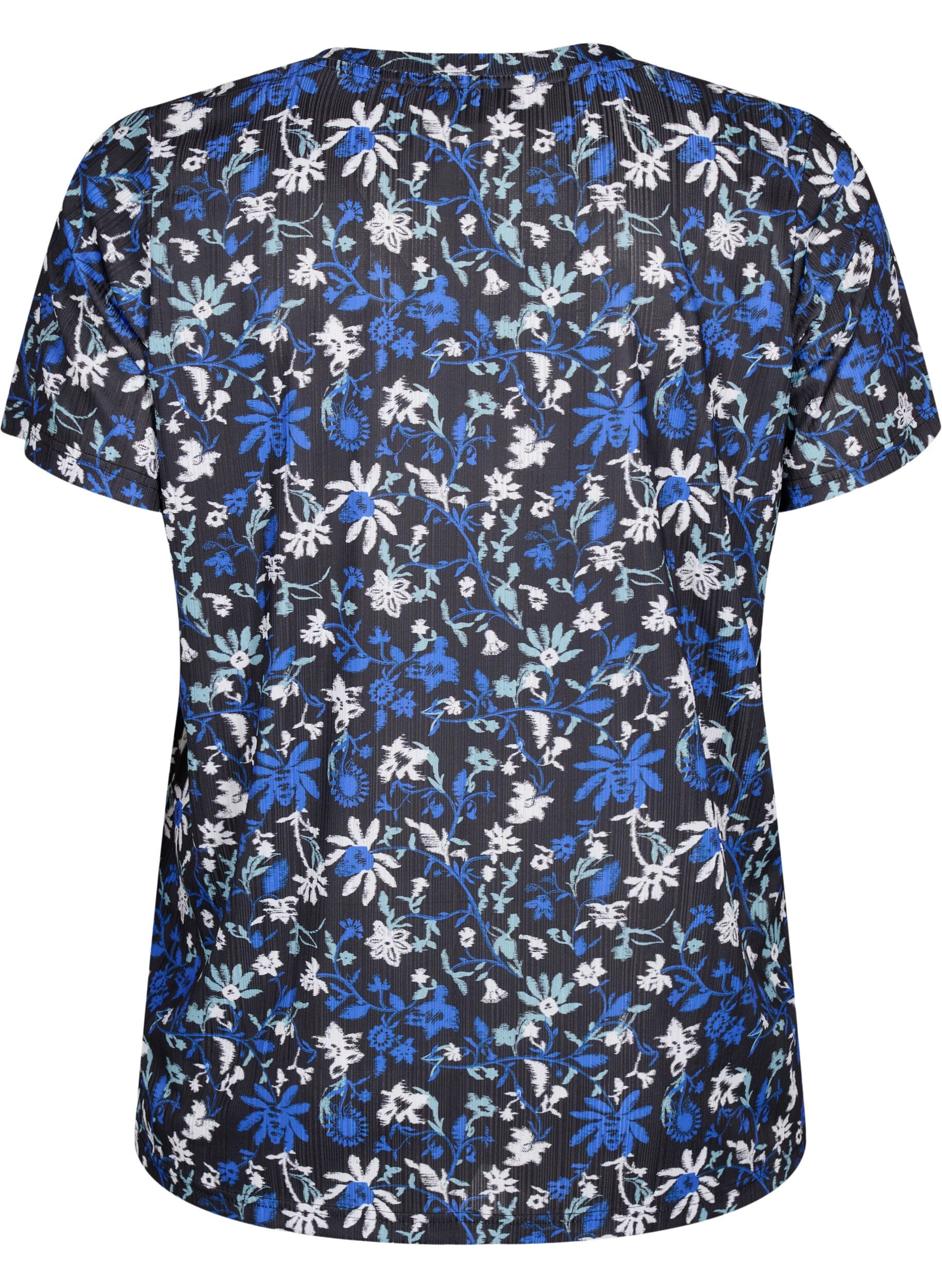Zizzi FLASH - T-shirt met bloemenprint, Black Blue Green AOP, Packshot image number 1