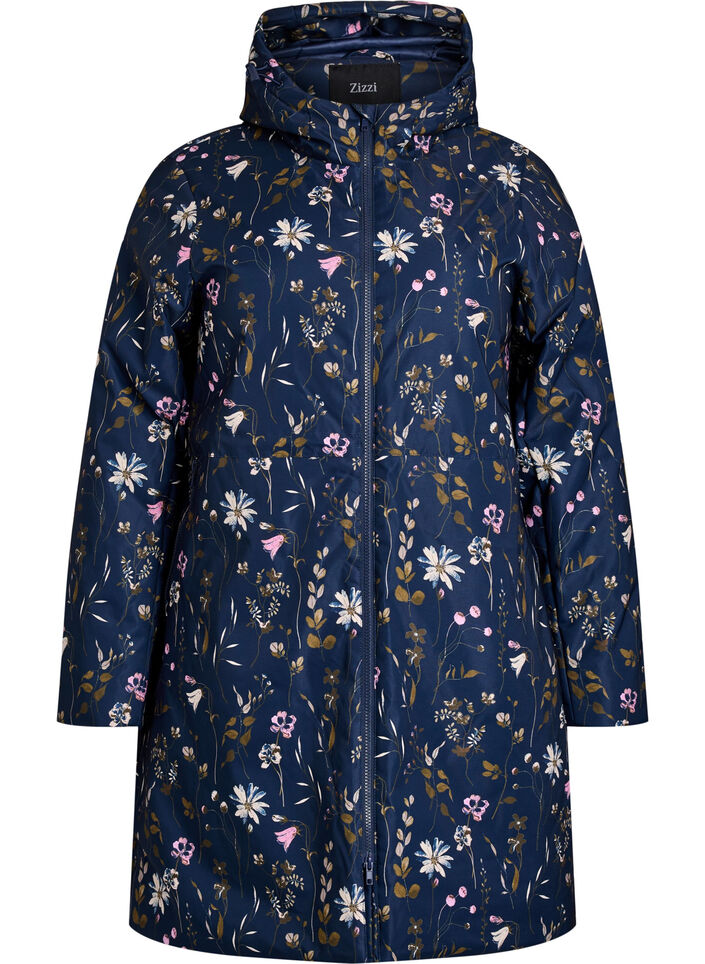 Gewatteerde winterjas met bloemenprint, Blauw, Packshot image number 0