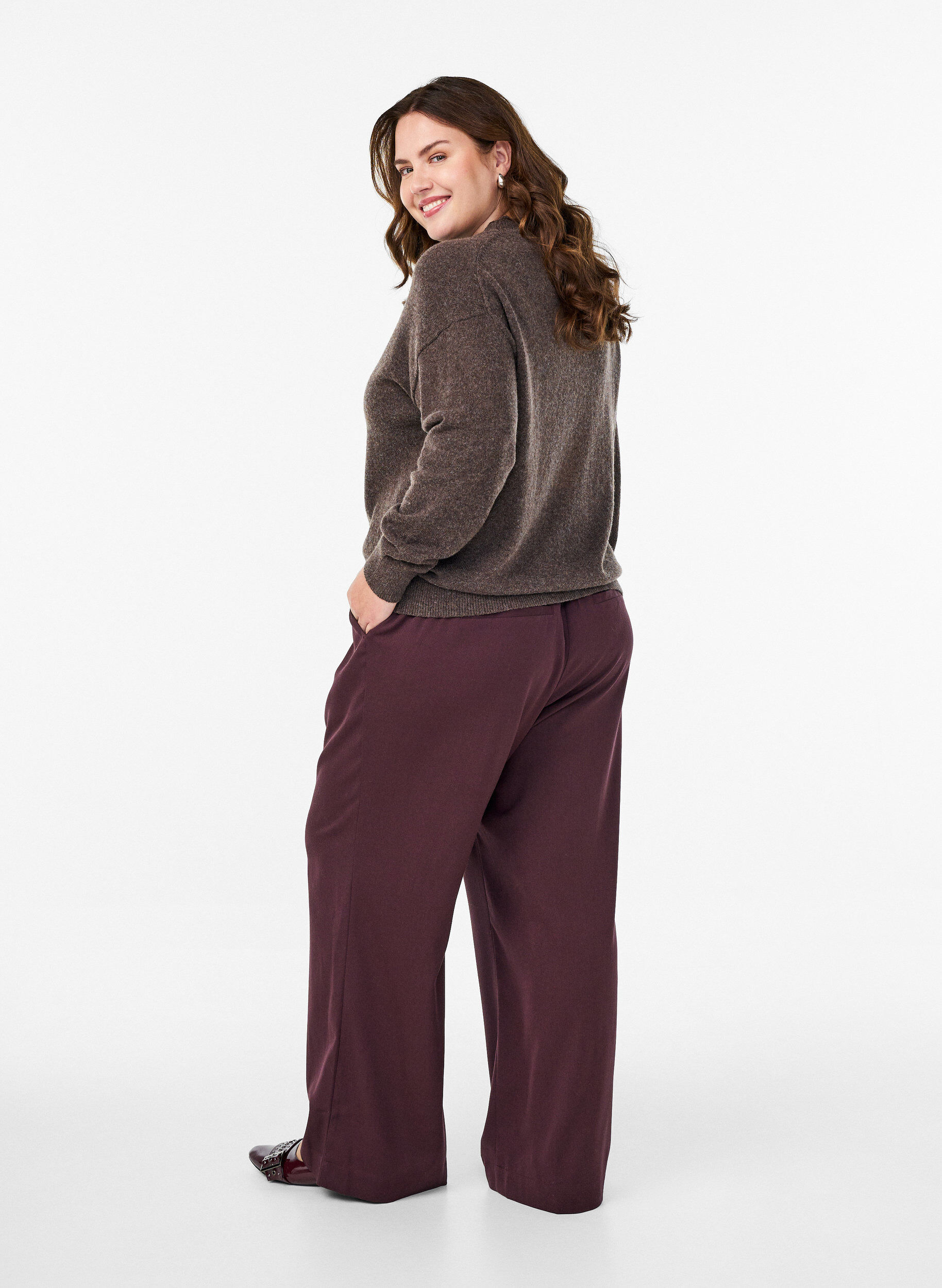 Zizzi Wijde broek met een hoge taille, Donker Bordeaux, Model image number 1