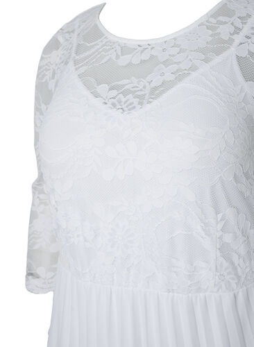 Geplooide jurk met kant en 3/4 mouwen, Bright White, Packshot image number 2