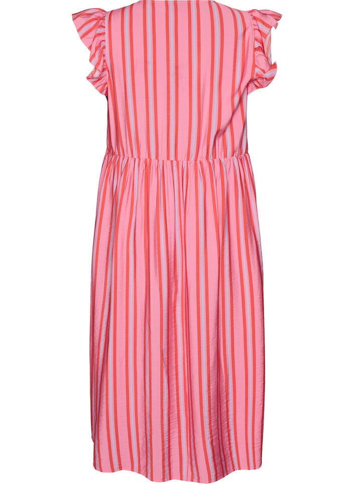 Gestreepte midijurk met empirelijn en ruches, Roze, Packshot image number 1