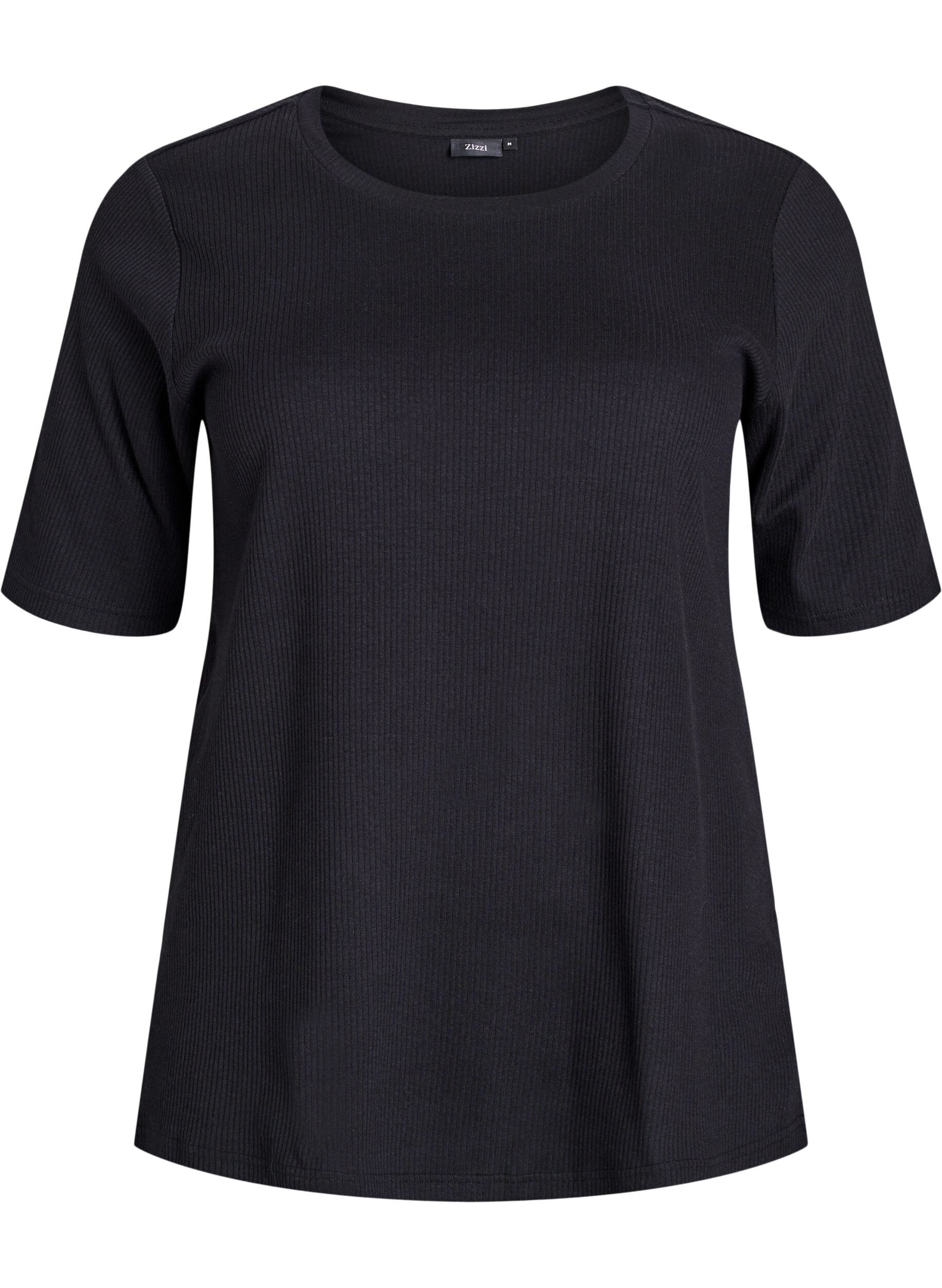 Zizzi Geribde jersey blouse met korte mouwen, Zwart, Packshot image number 0