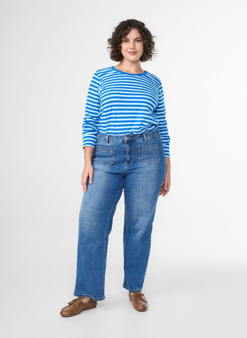 Gestreepte blouse met lange mouwen, Blauw, Model image number 1