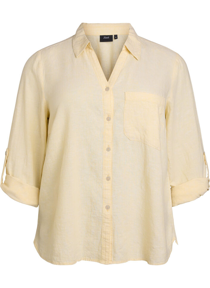 Linnen en viscose shirt met 3/4 mouwen, Geel, Packshot image number 0