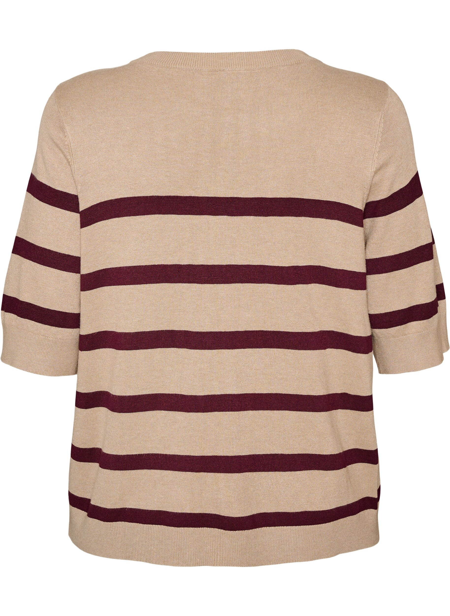 ZizziGestreepte top met korte mouwen in breisel, Beige, Packshot image number 1
