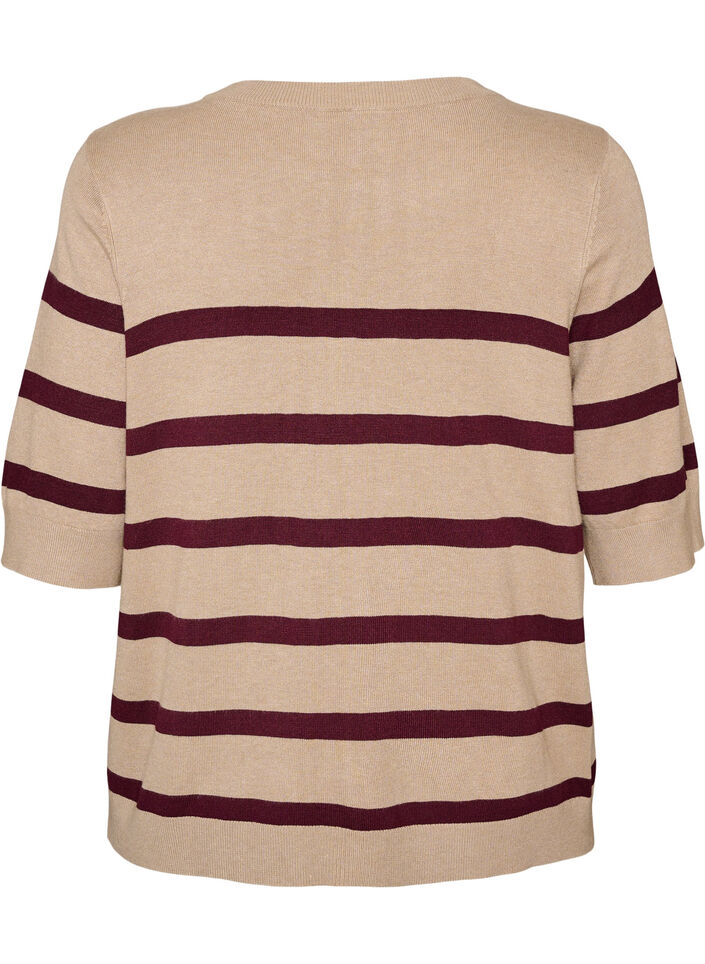 Gestreepte top met korte mouwen in breisel, Beige, Packshot image number 1