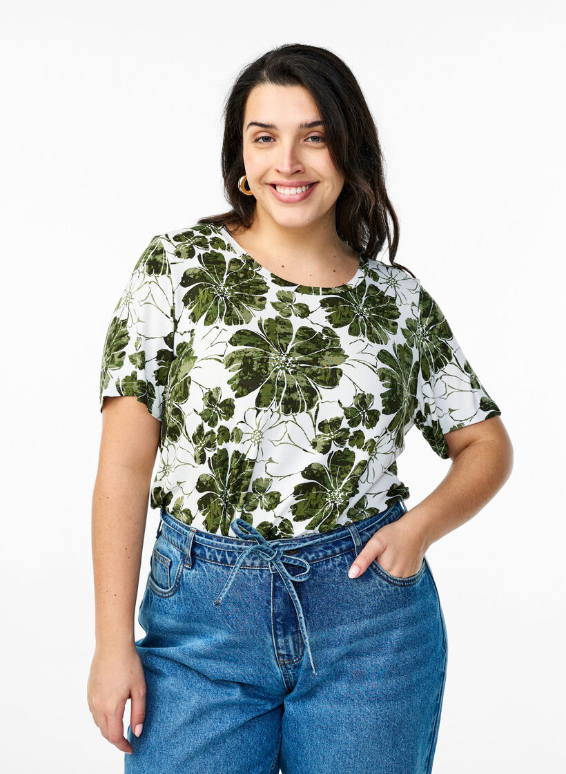 T-shirt met bloemenprint, Groen, Model image number 0