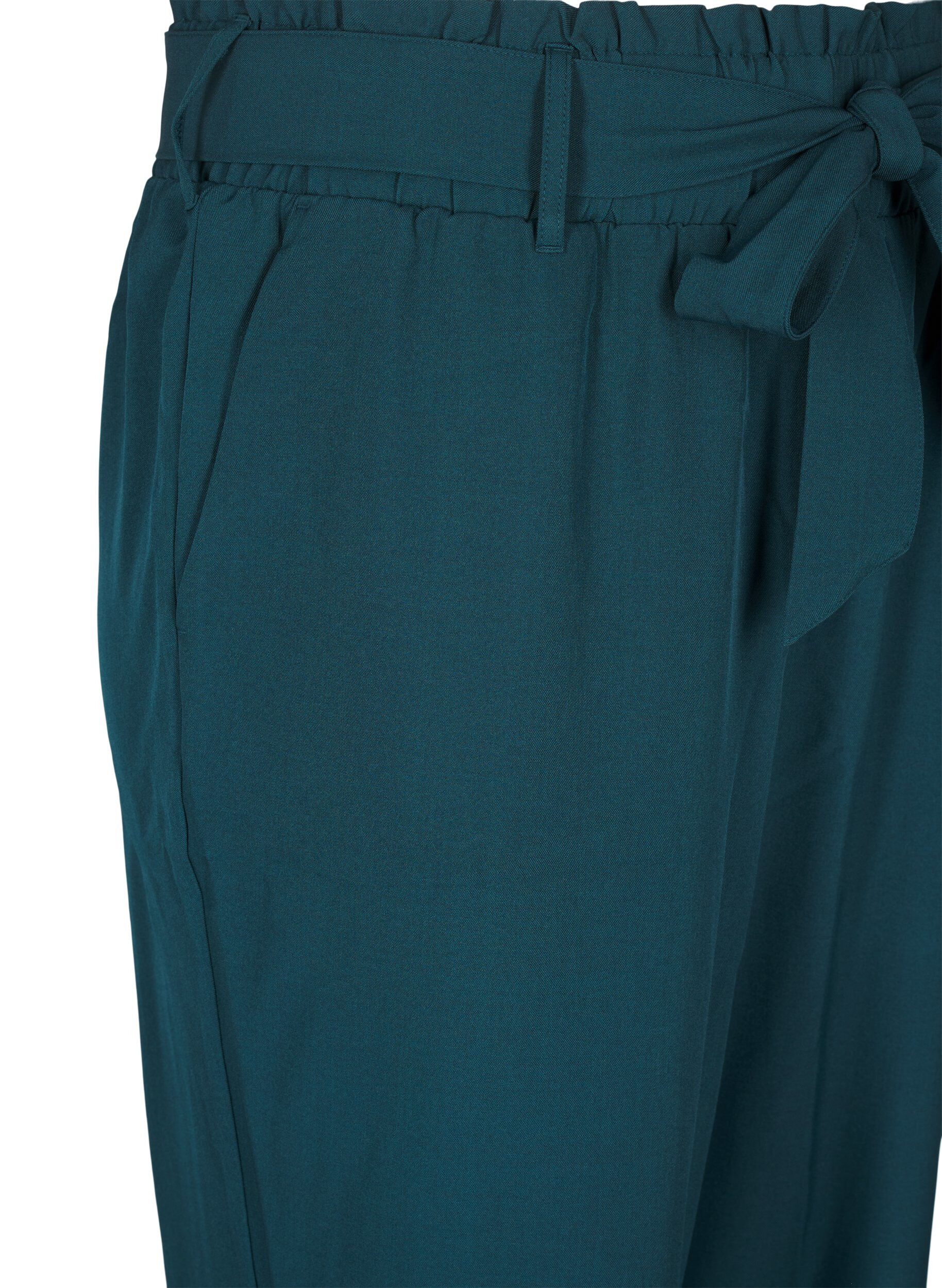 Zizzi High-waist broek met ruches en een strikriem, Sea Moss Melange, Packshot image number 2