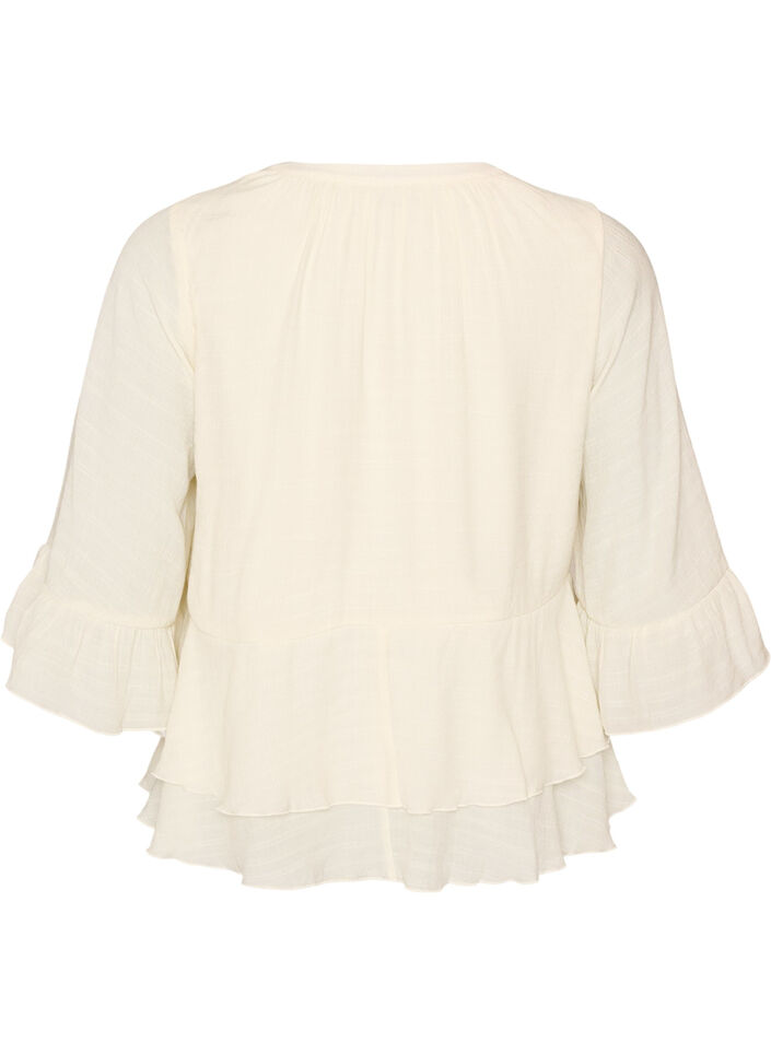Blouse met 3/4-mouwen en ruchesdetails, Vanille, Packshot image number 1