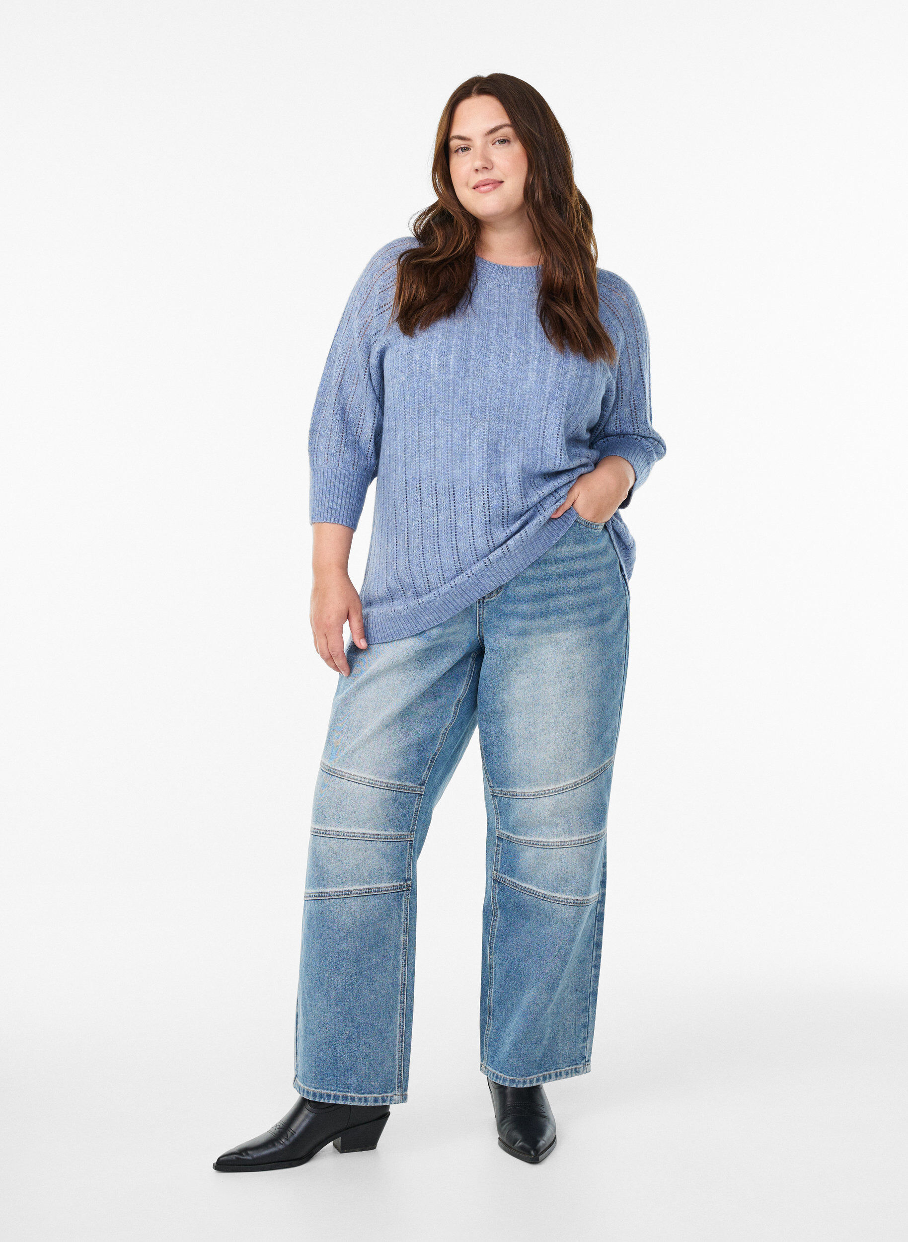 Zizzi Luchtige knit blouse met 3/4 mouwen en opengewerkt patroon, Blauw, Model image number 1