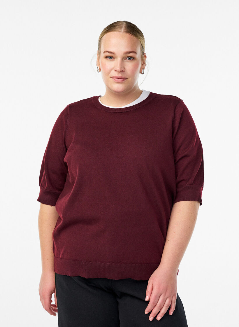 FLASH - Fijngebreide blouse met korte mouwen, Rood, Model image number 0